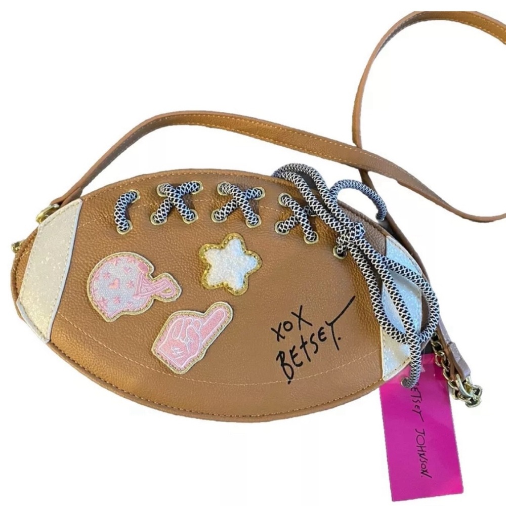 BETSEY JOHNSON BROWN FAUX LEATHER "XO FAN” FOOTBALL, CROSSBODY PURSE - NWT